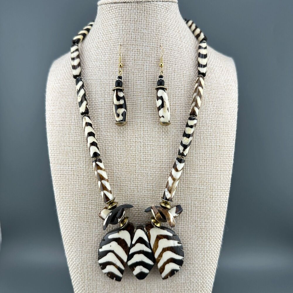 Vintage African Tribal Necklace Earrings Set Batik Bone Brown Cream Bovine Zebra